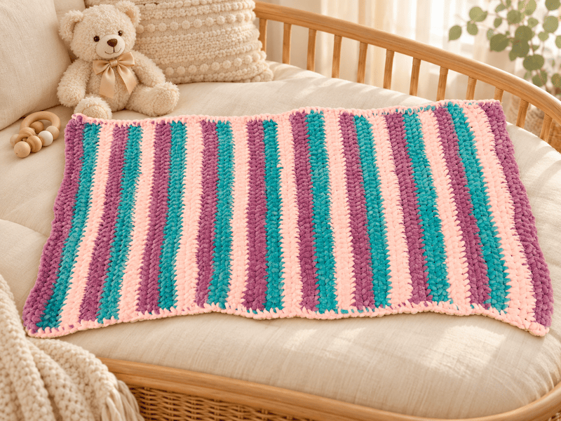 A crochet baby blanket in stripes of plum, teal and blush pink, edged in blush, laid across a rattan daybed with a teddy bear and a wooden rattle