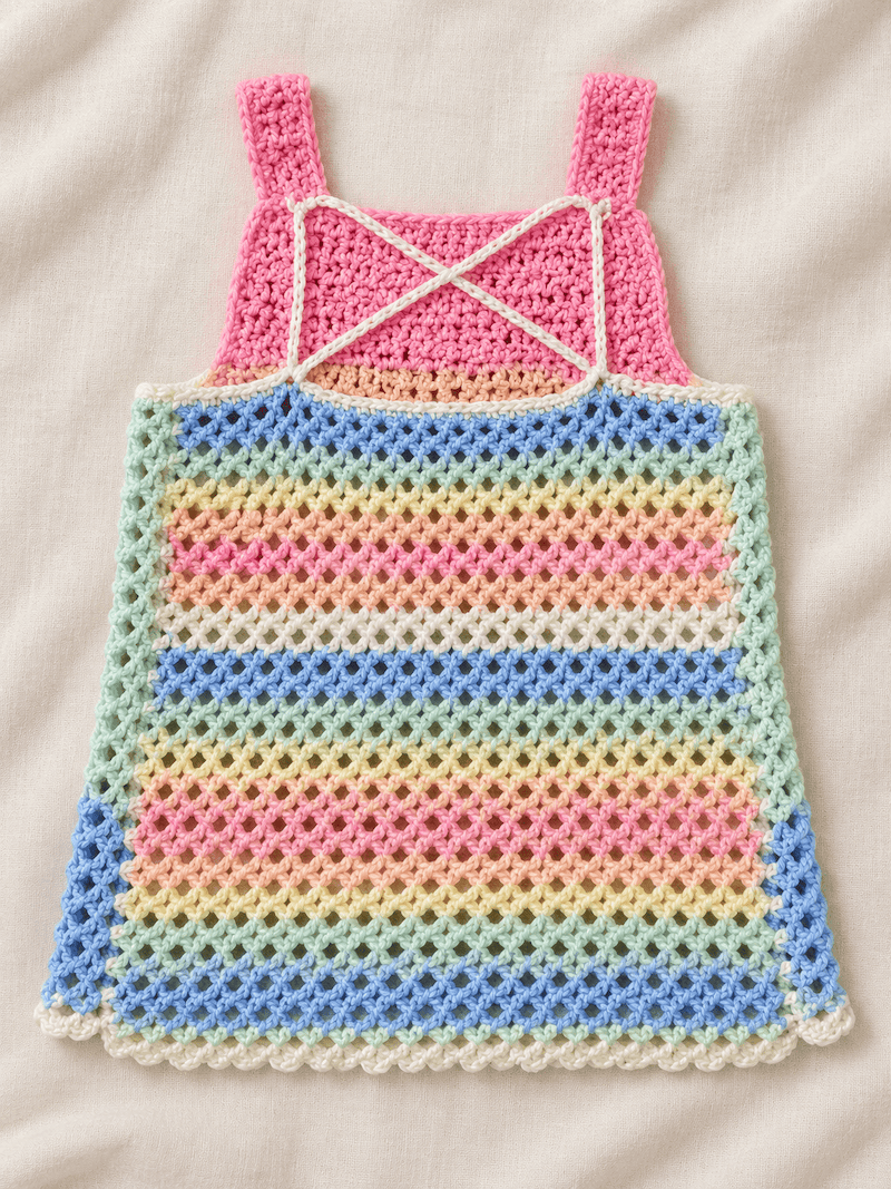 The back of the pinafore, showing the cream straps crossed over the pink bodice