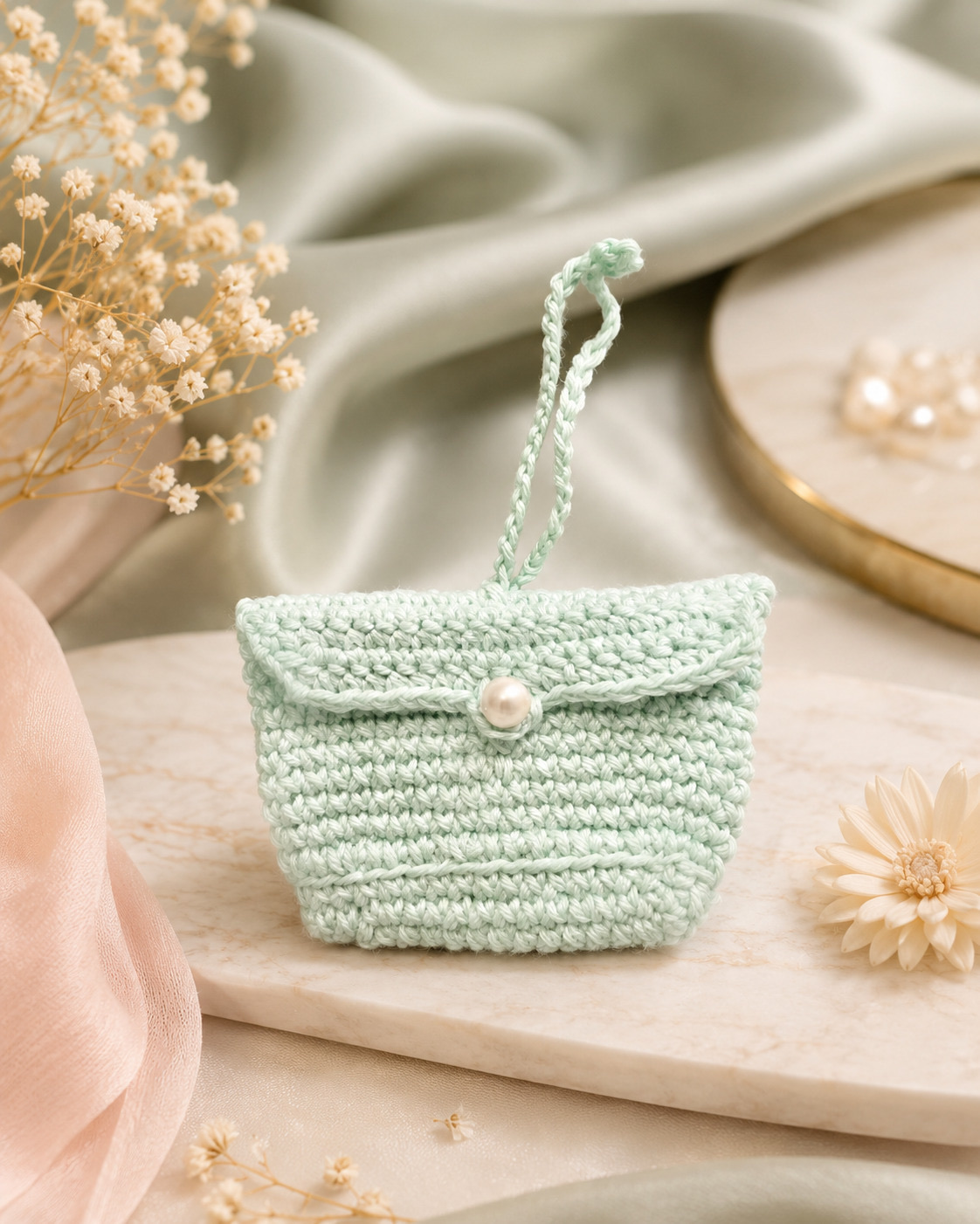 Mint green crochet pouch