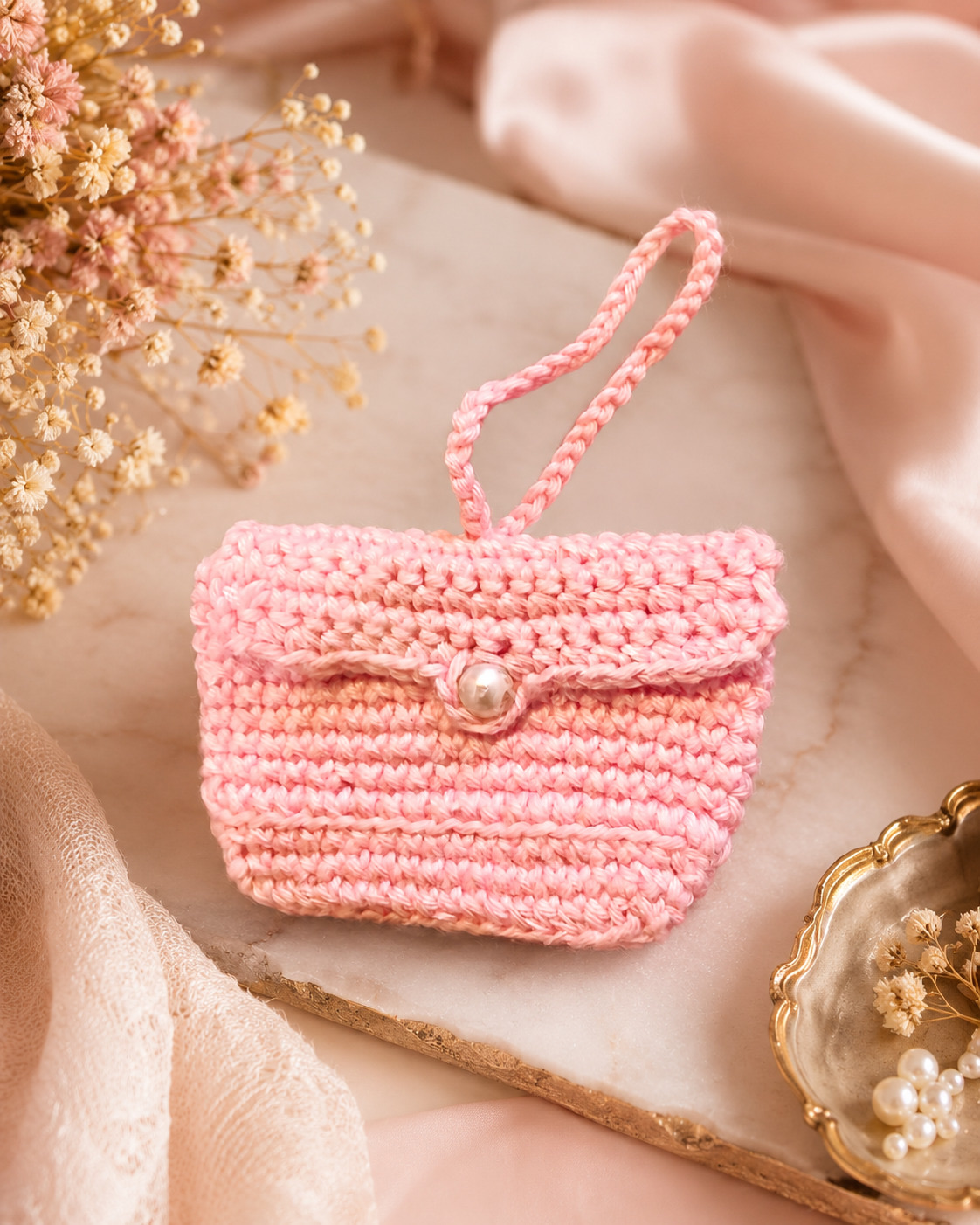 Blush pink crochet pouch with a pearl button