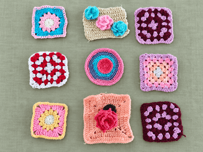Nine of Saanvi's practice pieces: granny squares in pink, turquoise, red, white and purple, a circle worked in coloured rings, a sunburst square, and swatches with crochet roses sewn on
