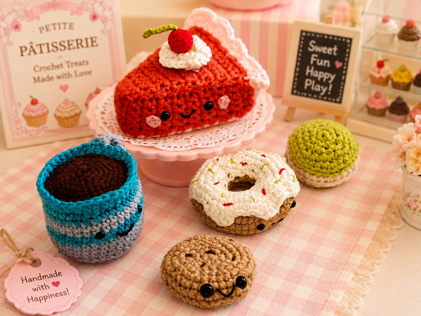 Crochet pâtisserie play set with cake, donut and cookie