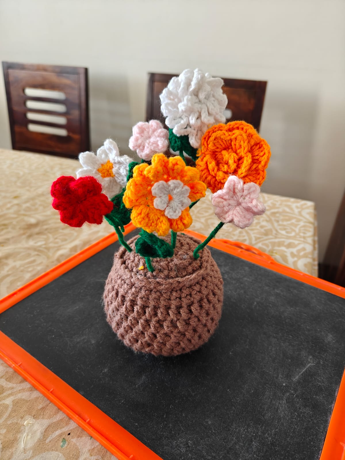 Crochet flower bouquet in pot