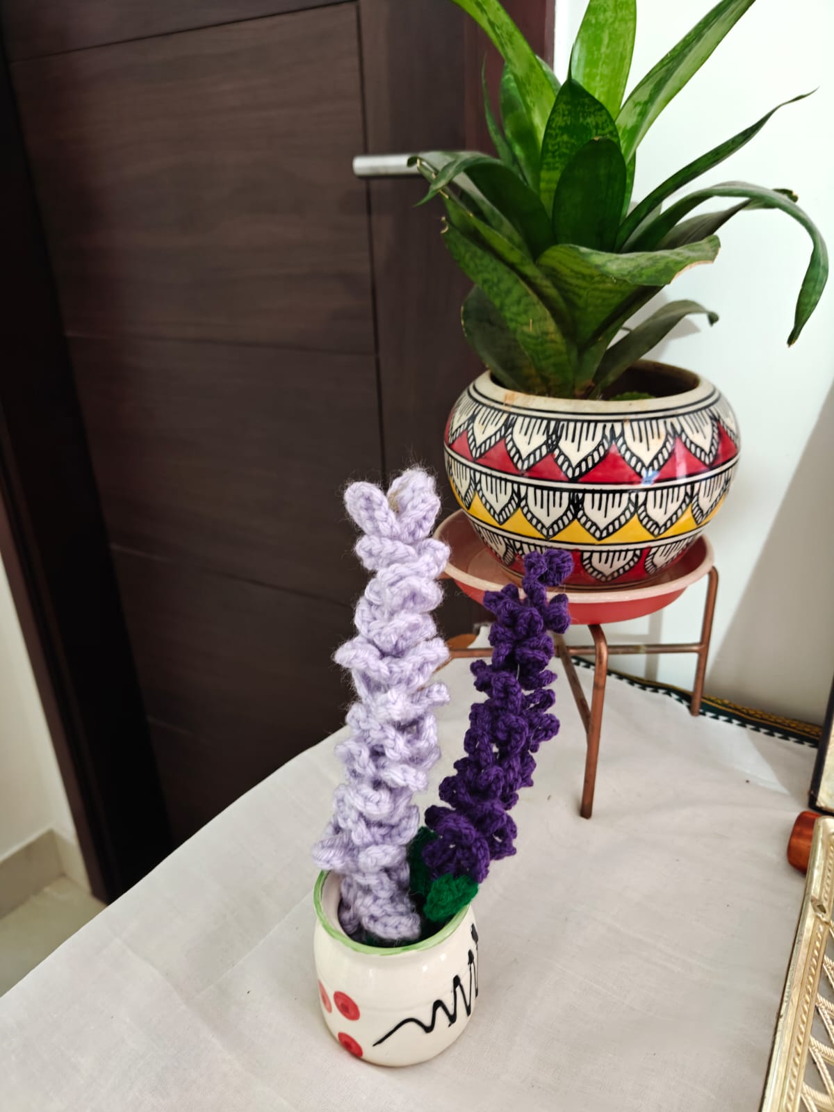 Crochet lavender flowers in pot