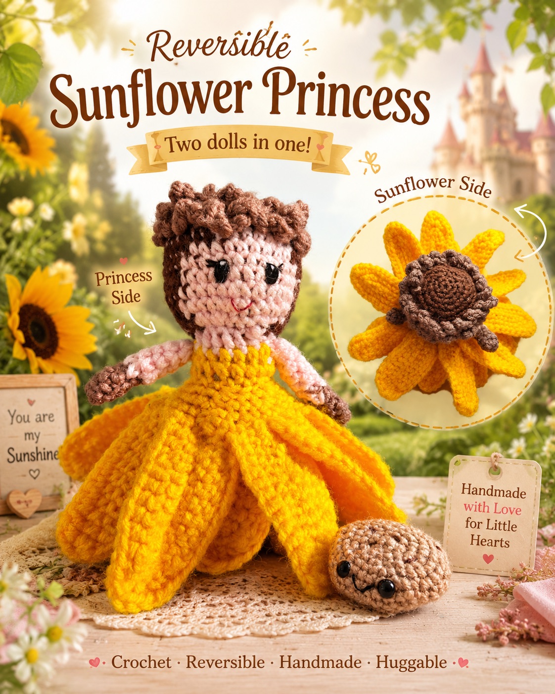 Reversible sunflower princess amigurumi doll