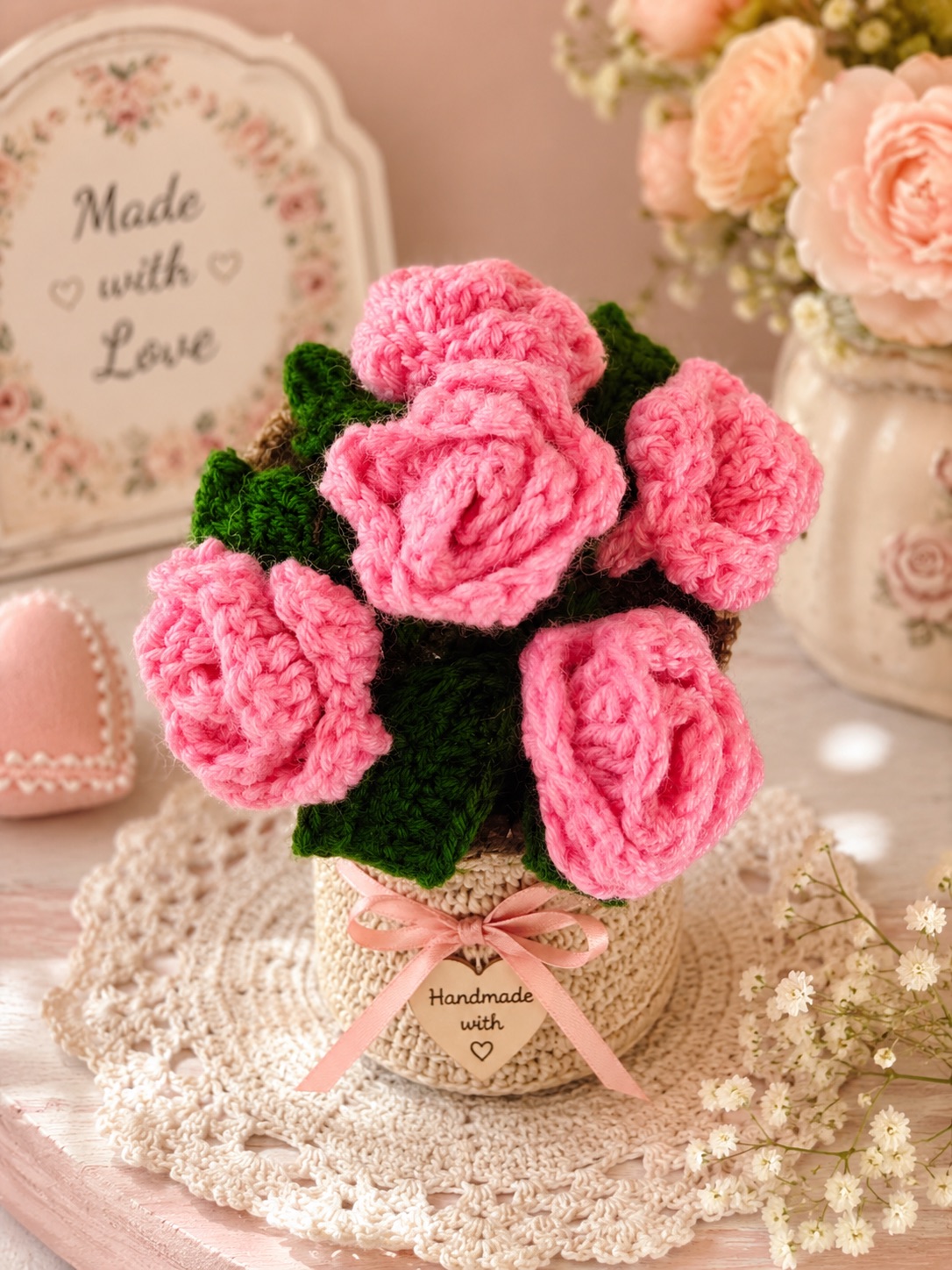Pink crochet rose bouquet in a pot
