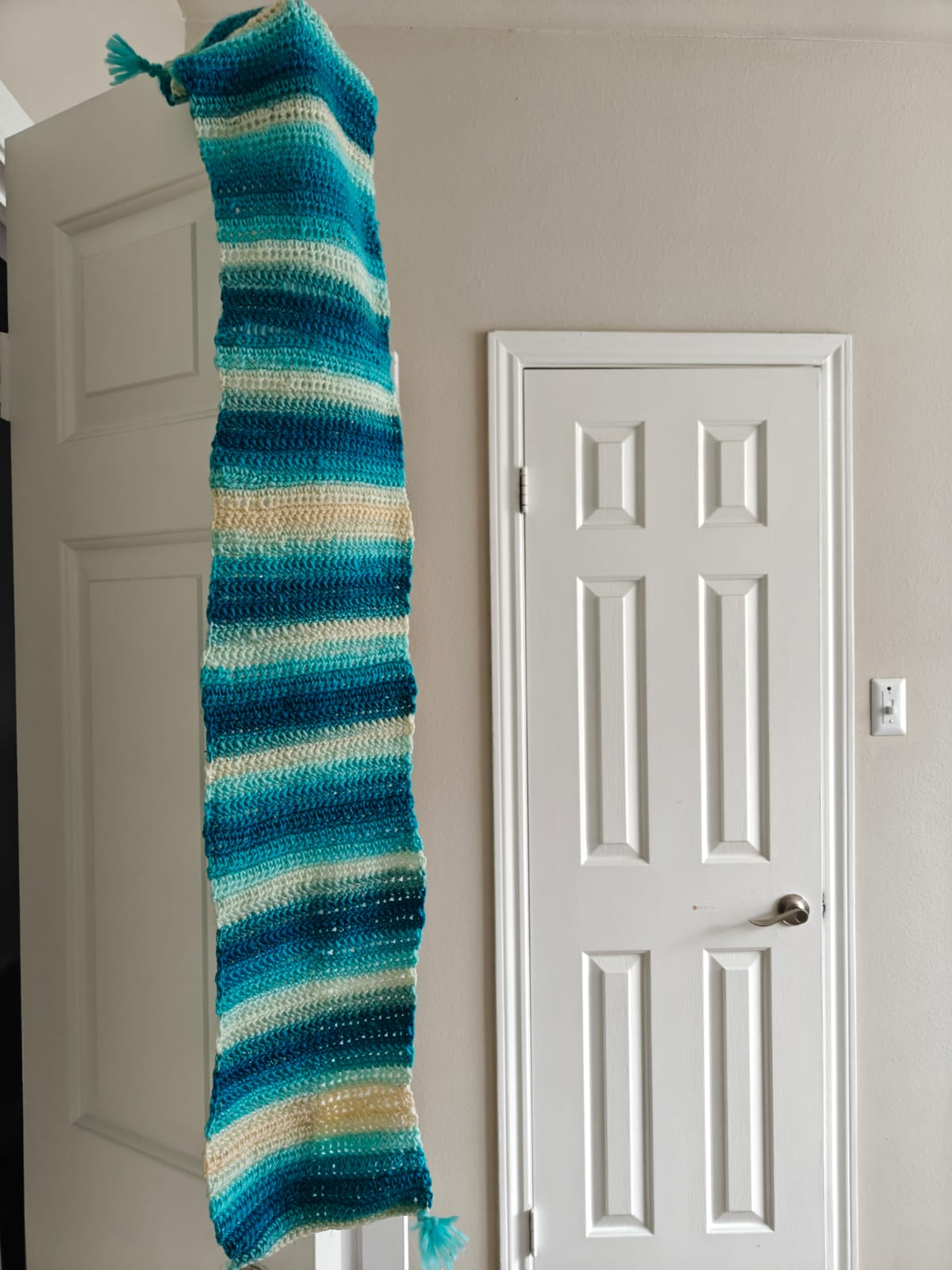 Teal and cream striped scarf